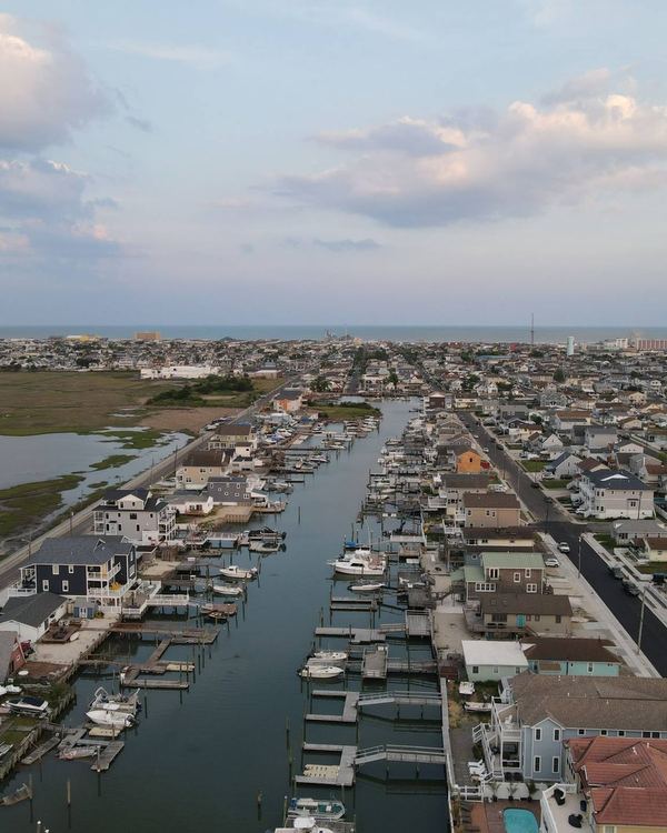 Aerial view of canal-front homes and boats in the Wildwoods
